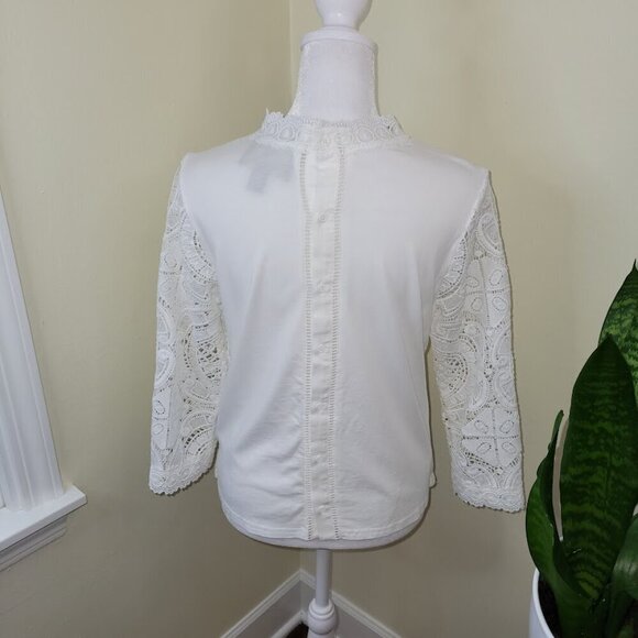 Anthropologie James Coviello Medallion Lace Front Mock Neck Ivory Blouse SZ SP - Picture 5 of 12